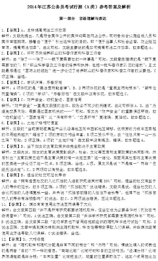 2014年江蘇省公務(wù)員考試行測答案